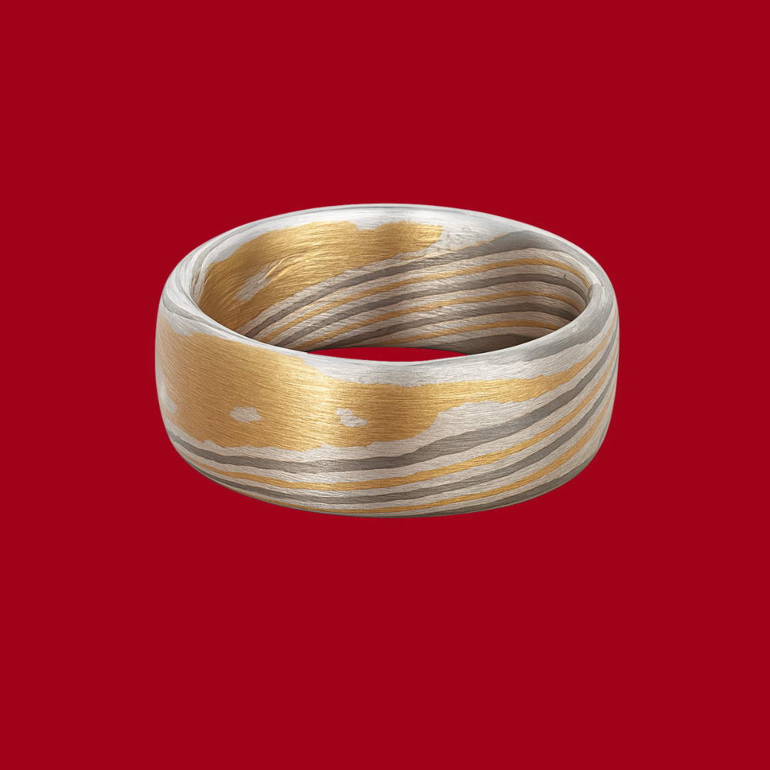 Mokume Gane Ehering aus Gelbgold, Palladium und Silber.