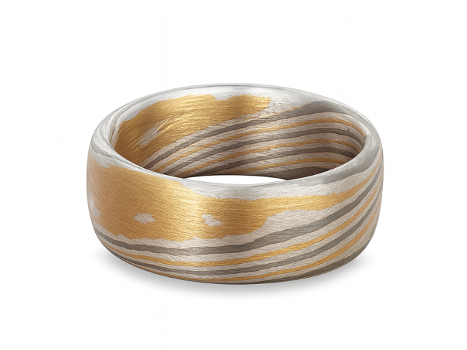 Mokume Gane Ehering aus Gelbgold, Palladium und Silber
